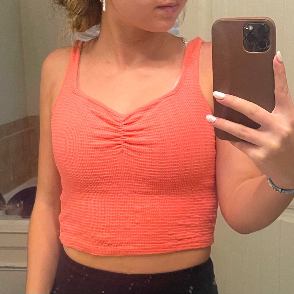 AMERICAN EAGLE// AERIE crop cinch tank top, coral-pink/orange color, size L
